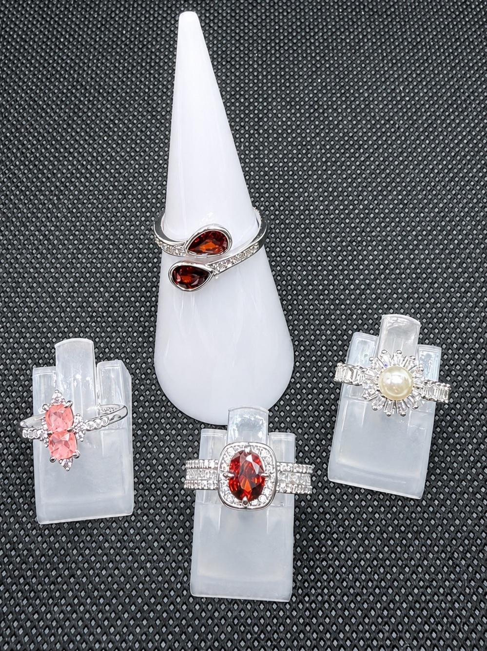 Bomb Party Adjustable Ring Lot of 4 – Garnet, Rose Quartz & Pearl Rhodium Plated